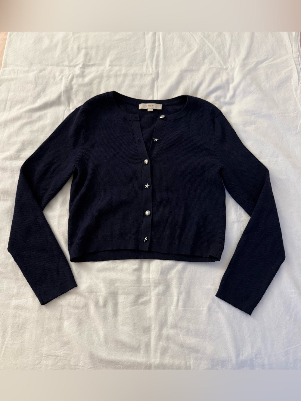 LOFT Starfish Shell Button Ribbed Cardigan Navy Blue Knit Sweater XL